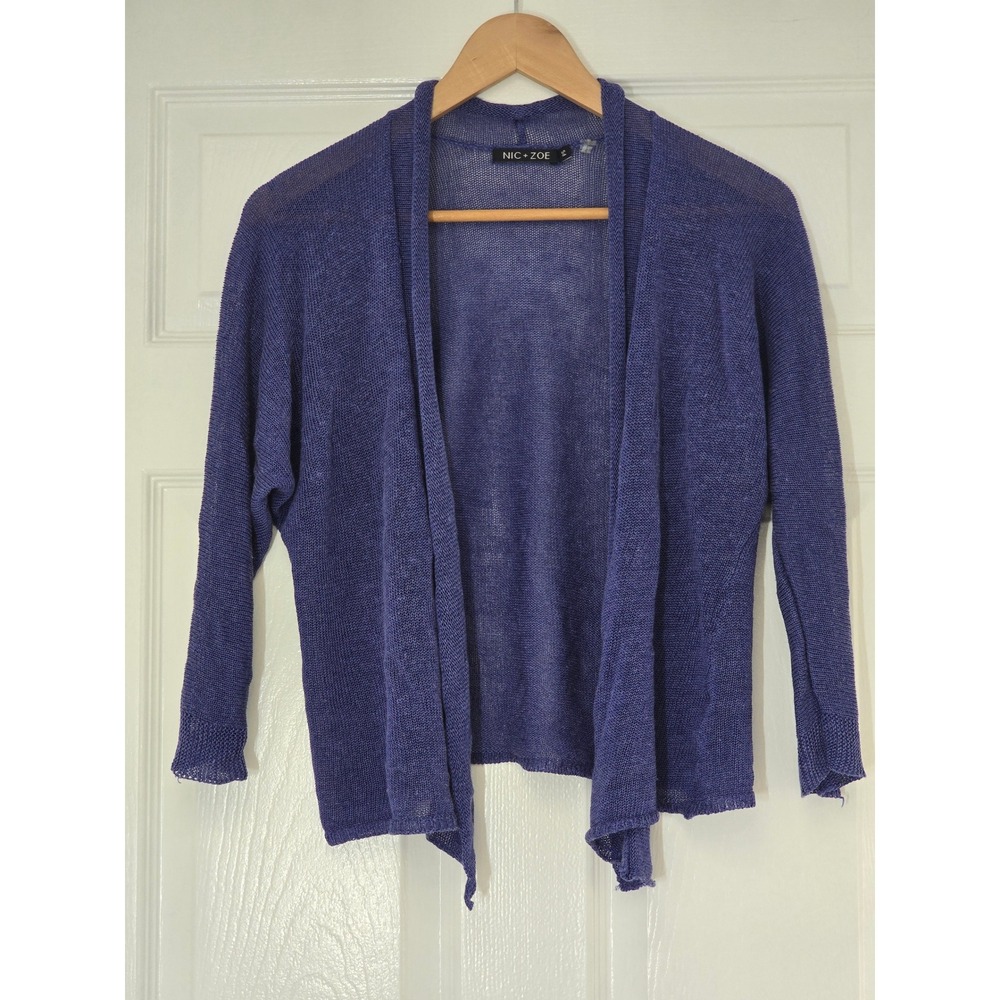 Nic + Zoe Blue Linen Blend Open Front Draped Cardigan Sweater PS Petite Small